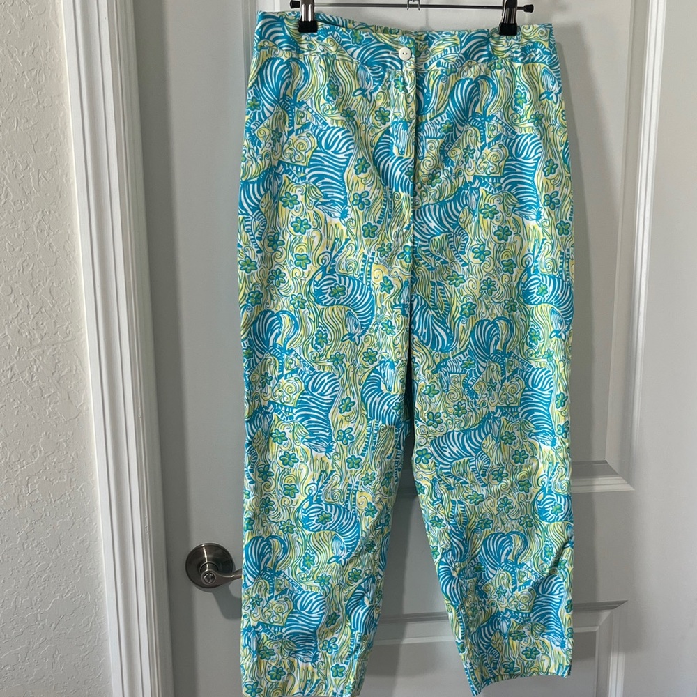 Lilly Pulitzer White Label Vintage Rare Zebra Blue Fabulous! Crop Pant Sz 10
